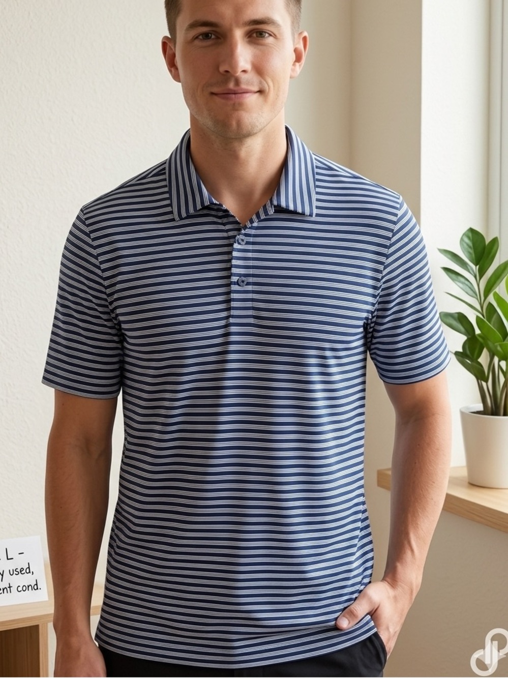 adidas Navy and White Striped Polo